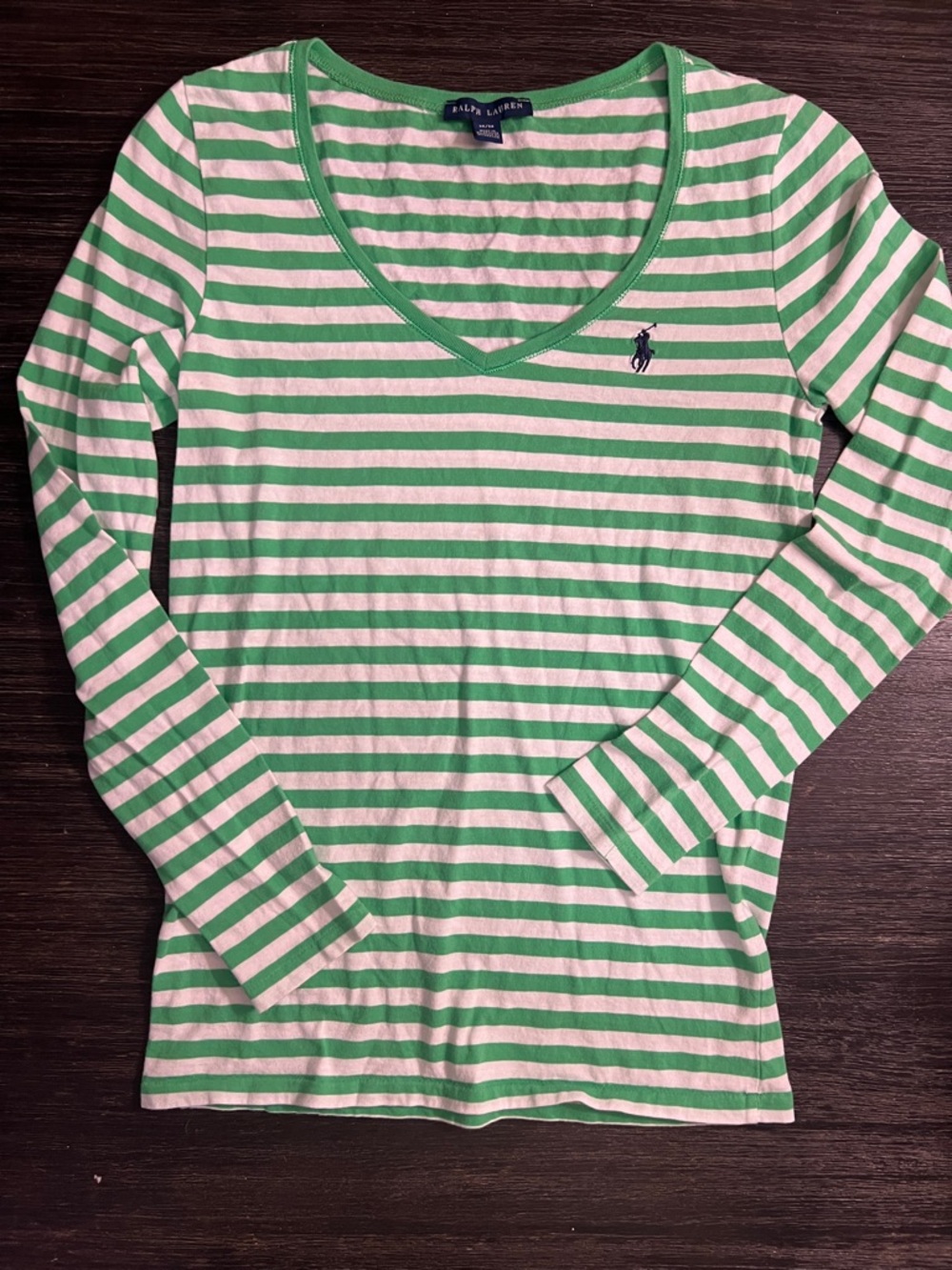 Ralph Lauren Green & White Striped V-Neck Long Sleeve Shirt